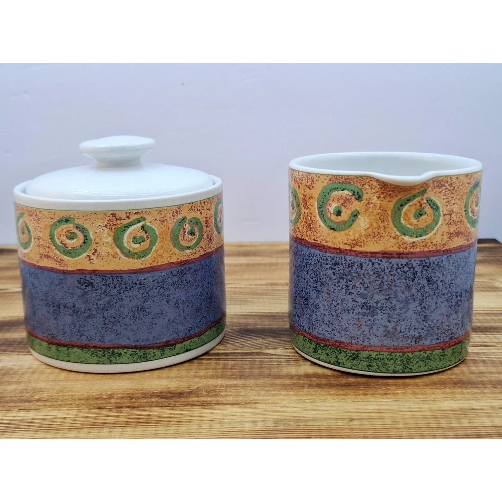 Vintage 1995 Sakura Malaga by Sue Zipkin Stoneware Creamer +‎ Sugar Bowl and Lid